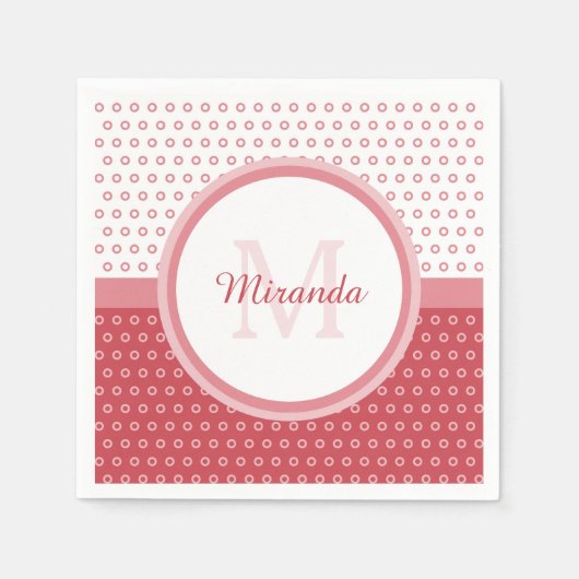 Mod Pink und Weiß Polka Dots Monogramm mit Name Serviette (Vorderseite)