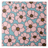 Mod Pinke Blumen auf Blau Fliese (Vorderseite)