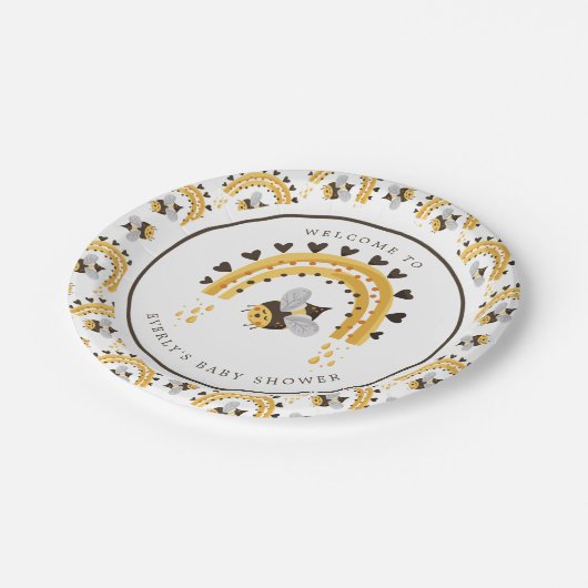 Mod Rainbow Bumblebee Honey Bee Baby Shower Pappteller (Schrägansicht)