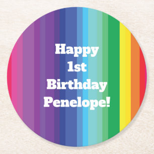 Mod Rainbow Colorful 1. Geburtstag Party Runder Pappuntersetzer