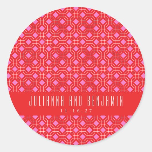Mod Red Pink Geometric Custom Wedding Runder Aufkleber (Vorderseite)