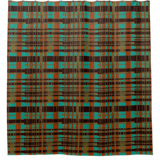 Mod Retro Asymmetrisches Tartan Muster Kupfer Aqua Duschvorhang (Vorderseite)
