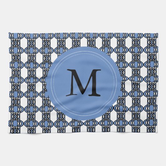 Mod Retro Monogram Blue Abstrakt Scarab Muster Geschirrtuch (Horizontal)