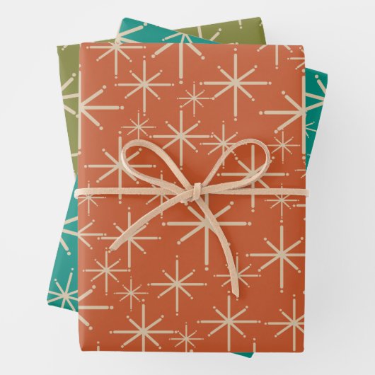 Mod Retro Sternexplosionen Orange Aquamarin Olive Geschenkpapier Set (Beispiel)