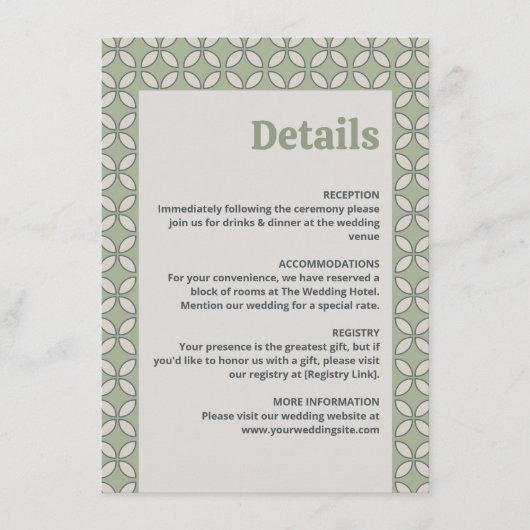 Mod Retro Wedding Details Olivenöl Grün Begleitkarte (Vorderseite)