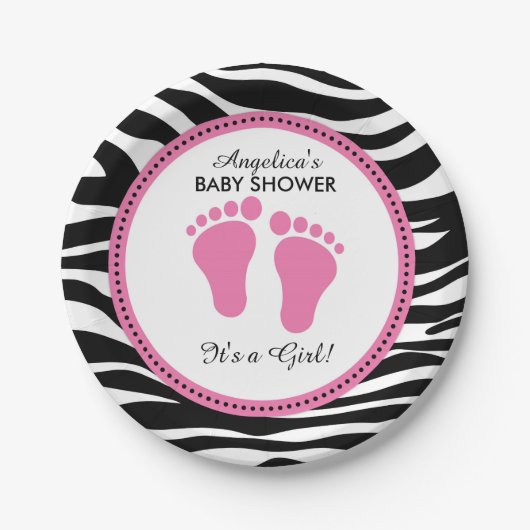 Mod-Rosa und Zebra-PapierParty-Teller, Baby-Dusche Pappteller (Vorderseite)