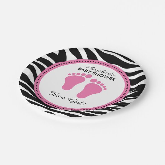 Mod-Rosa und Zebra-PapierParty-Teller, Baby-Dusche Pappteller (Schrägansicht)