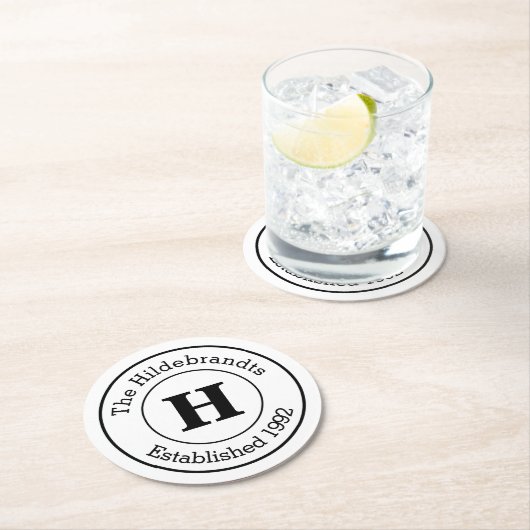 Mod Schwarz-Weiß-Monogramm-Familie Runder Pappuntersetzer (Vor Ort)