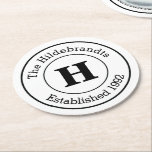 Mod Schwarz-Weiß-Monogramm-Familie Runder Pappuntersetzer<br><div class="desc">Das perfekte,  personalisierte Set von Untersetzer für Ihr nächstes Party. Passen Sie es an mit Ihrem Familiennamen Mongramm,  Nachnamen und feststehendem Datum. Feines Schwarz-Weiß-Design,  auch in umgekehrter Farbe im Party Heart Store erhältlich,  personalisieren Sie es Bereich.</div>