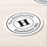 Mod Schwarz-Weiß-Monogramm-Familie Runder Pappuntersetzer<br><div class="desc">Das perfekte,  personalisierte Set von Untersetzer für Ihr nächstes Party. Passen Sie es an mit Ihrem Familiennamen Mongramm,  Nachnamen und feststehendem Datum. Feines Schwarz-Weiß-Design,  auch in umgekehrter Farbe im Party Heart Store erhältlich,  personalisieren Sie es Bereich.</div>