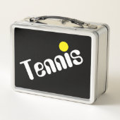 Mod Slant, weißer, gelber TENNIS-Text auf Cool sch Metall Brotdose (Rückseite)