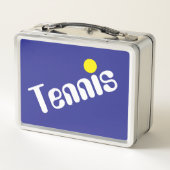 Mod Slant White Yellow TENNIS Text auf Deep Blue Metall Brotdose (Rückseite)