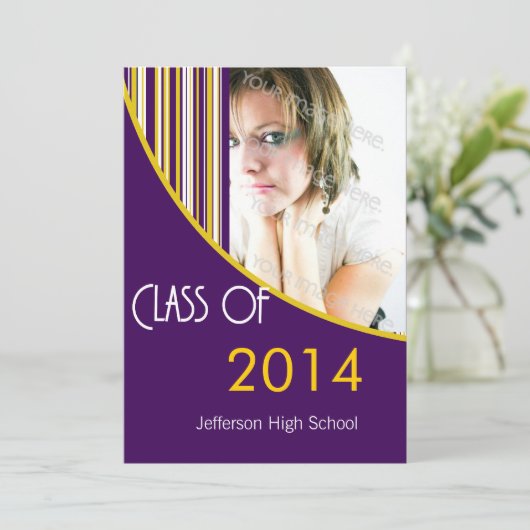 Mod-Streifen-Abschluss-Party laden Lila u. Gold Einladung (Stehend Vorderseite)