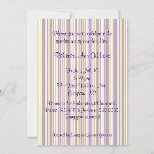 Mod-Streifen-Abschluss-Party laden Lila u. Gold Einladung (Rückseite)