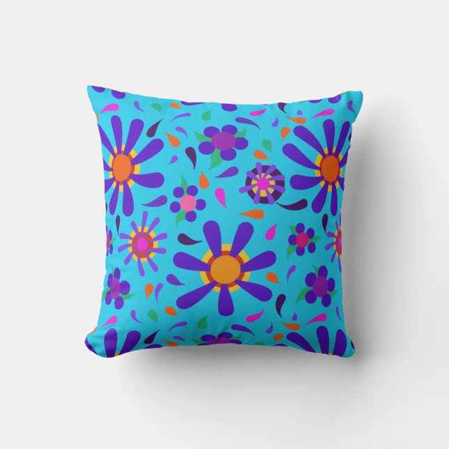 Mod Style Purple Flowers auf Aqua Blue Kissen (Vorderseite)