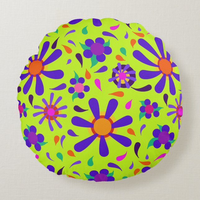 MOD Style Purple Flowers auf Peridot Green Rundes Kissen (Vorderseite)