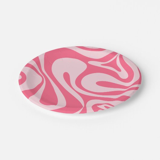 Mod Swirl Retro Modernes Abstraktes Muster Rosa Pappteller (Schrägansicht)