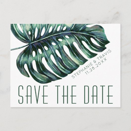 Mod Tropics Monstera Leaf Save the Date Postkarte (Vorderseite)