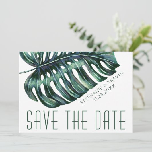 Mod Tropics Monstera Leaf Wedding Save The Date (Stehend Vorderseite)