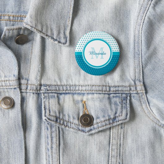 Mod Türkis Blue Polka Dots Monogramm mit Namen Button (Beispiel)