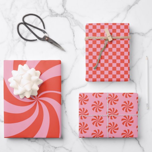 Mod Wavy Groovy Hippie Retro Weihnachten Rosa Rot Geschenkpapier Set (Vorderseite)
