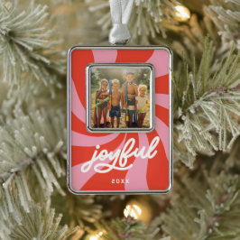 Mod Wavy Retro Groovy Holiday Red Pink Rahmen-Ornament Silber