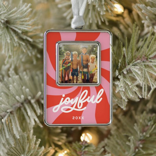 Mod Wavy Retro Groovy Holiday Red Pink Rahmen-Ornament Silber (Baum)