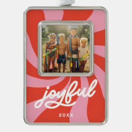 Mod Wavy Retro Groovy Holiday Red Pink Rahmen-Ornament Silber