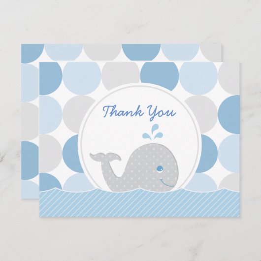 Mod Whale Baby Boy Dusche Blue & Grey Dots Dankeskarte (Vorne/Hinten)