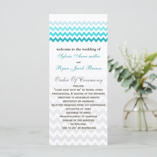 Mod Zickzack aqua Ombre Wedding Programm (Stehend Vorderseite)