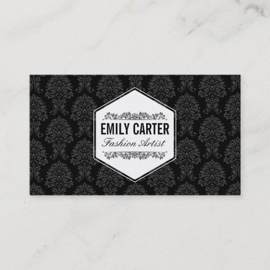Mode Artist | Verzierte Elemente, Damast (schwarz) Visitenkarte (Vorderseite)