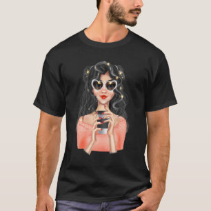 Mode Blonde Girl mit Tasse Kaffee mit Herz T-Shirt