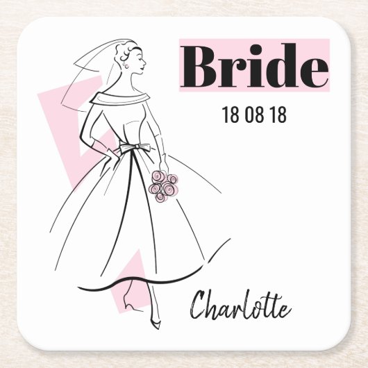 Mode Bride Pink Bride Date Name Untersetzer (Vorderseite)