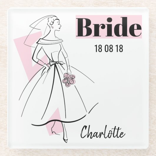 Mode Bride Pink Bride Datum Name Untersetzer Glas (Vorderseite)