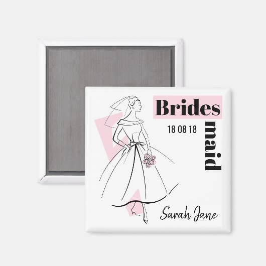 Mode Bride Pink Bridesmaid Datum Name Quadrat Magnet (Vorderseite/Rückseite)
