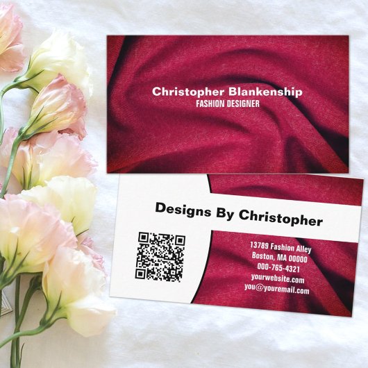 Mode Designer Burgundy Fabric Texture QR Code Visitenkarte