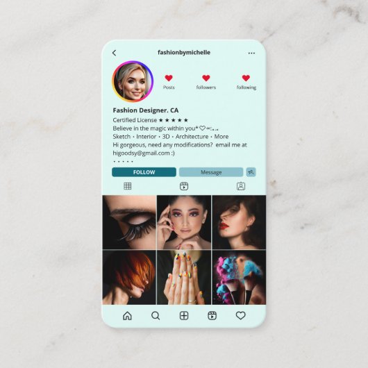 Mode Designer Instagram Mint Moderne Visitenkarte (Vorderseite)