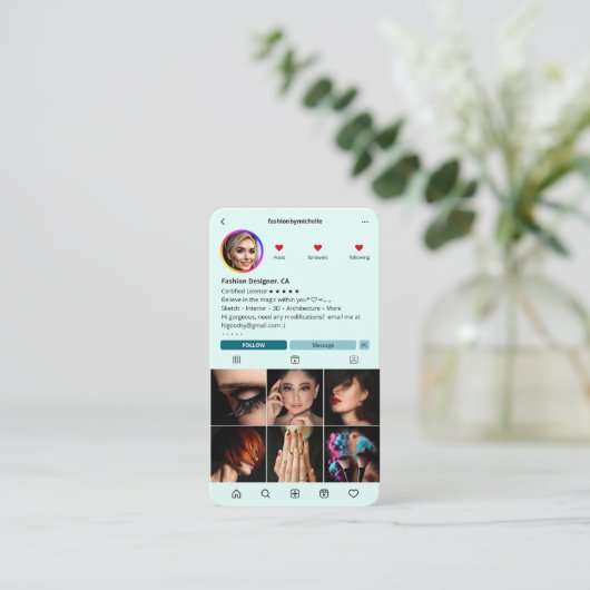 Mode Designer Instagram Mint Moderne Visitenkarte (Stehend Vorderseite)