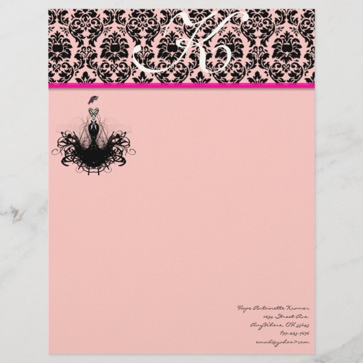 Mode-Diva 2 Pink-Rasberry-Monogramm-Damaskus Briefbogen (Vorderseite)