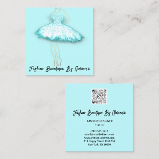 Mode Dress Logo QR Code Glitzer Blue Dress Aqua Quadratische Visitenkarte (Vorne/Hinten)