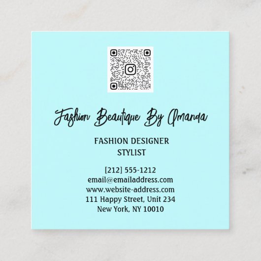 Mode Dress Logo QR Code Glitzer Blue Dress Aqua Quadratische Visitenkarte (Rückseite)