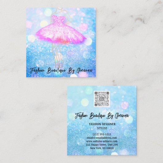 Mode Dress Logo QR Code Glitzer Rosa Kleid Blau Quadratische Visitenkarte (Vorne/Hinten)
