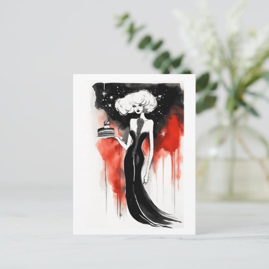 Mode-Feier. Schöne Frau mit Kuchen Postkarte (Stehend Vorderseite)