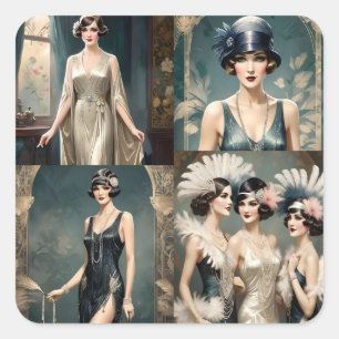 Mode-Foto-Collage für Damen der 1920er Jahre, Quadratischer Aufkleber