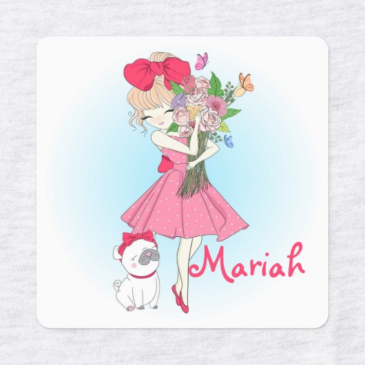 Mode Girl mit Mops Etiketten (Design 1)