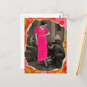 Mode heißrosa Kleid Dame Collage Postkarte