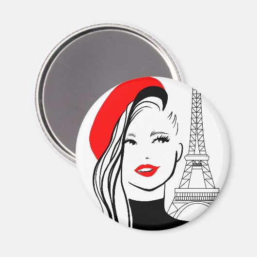 Mode Illustratorin Französisch Frau in roter Beret Magnet (Vorderseite/Rückseite)