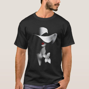 Mode Model Hut Großer Rand Sonnenhut Rote Lippen B T-Shirt
