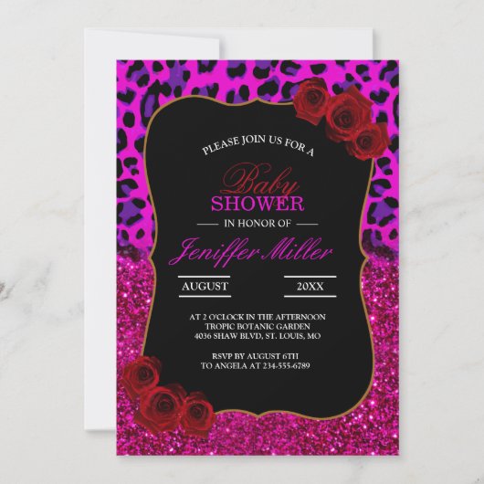 Mode Moderner rosa Lila Glitzer Leopard.        Einladung (Vorderseite)