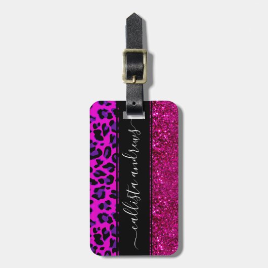 Mode Moderner rosa Lila Glitzer Leopard.        Gepäckanhänger (Vorderseite vertikal)